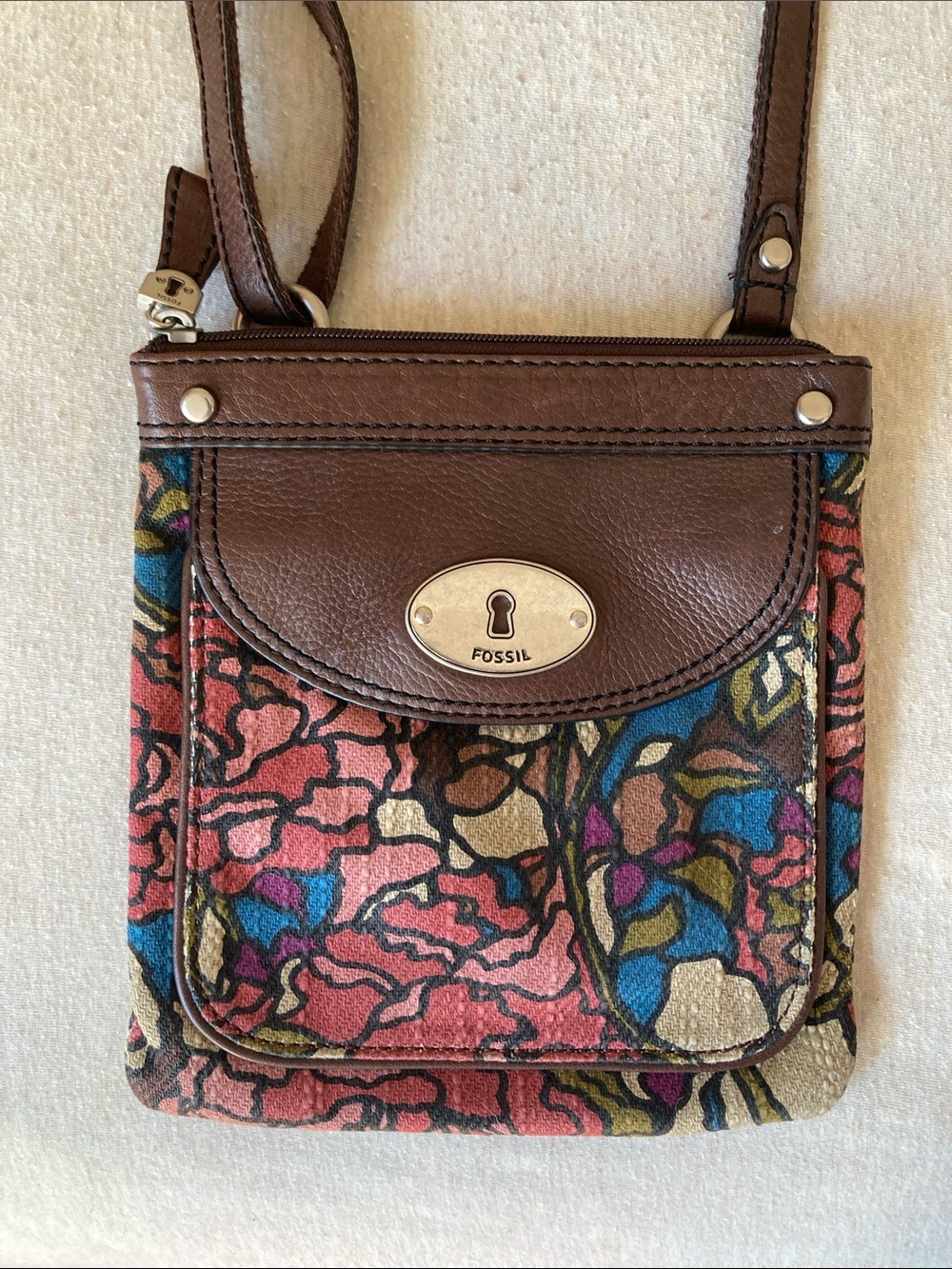 Fossil Brown Floral Canvas Leather Crossbody